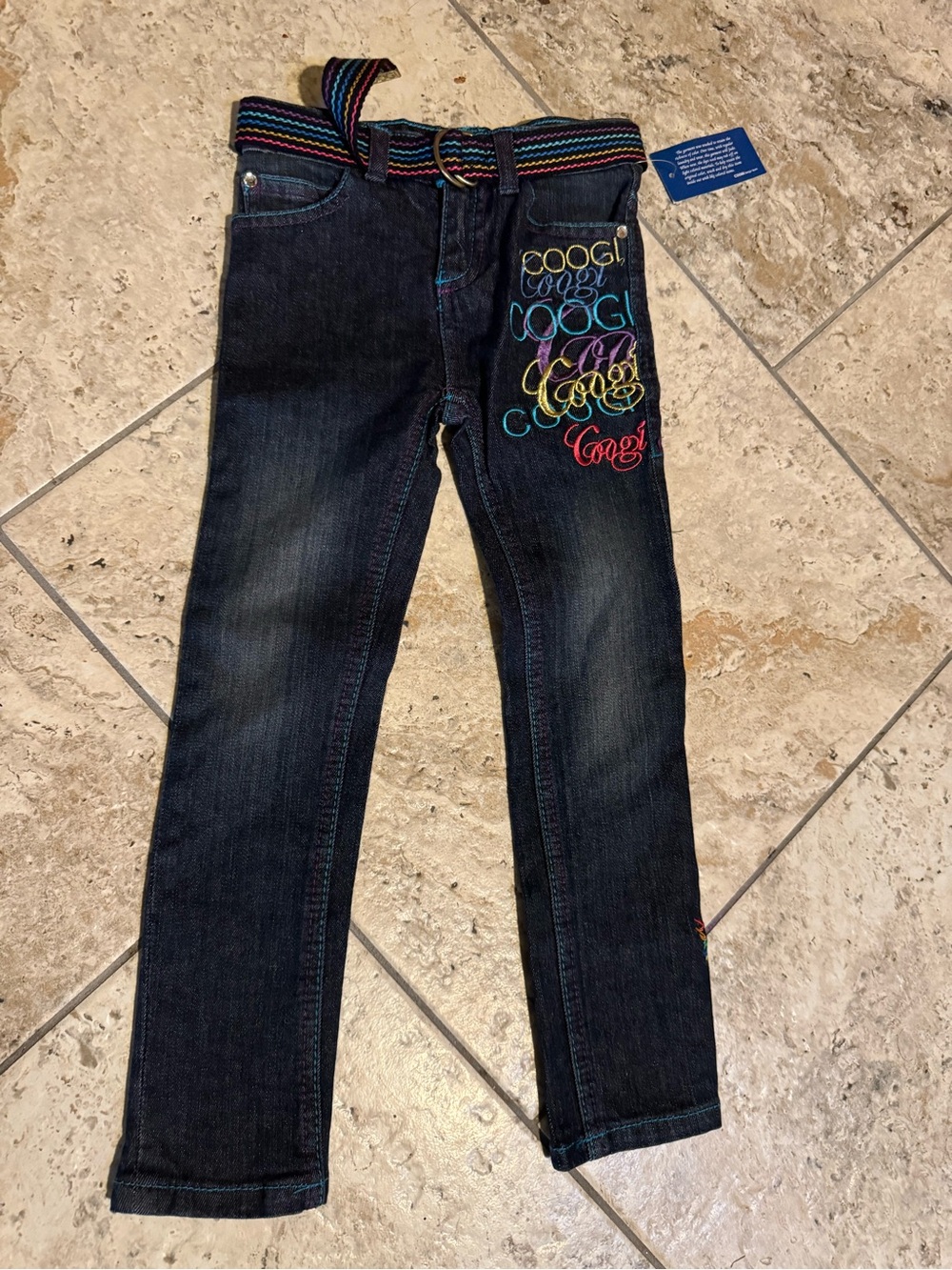 COOGI Dark Wash Jeans with Multicolor Embroidery and Belt